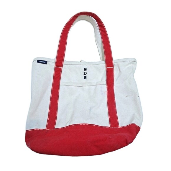 Lands End Canvas Boat Tote Beach Travel Bag Red D Logo Monogram - Picture 1 of 10